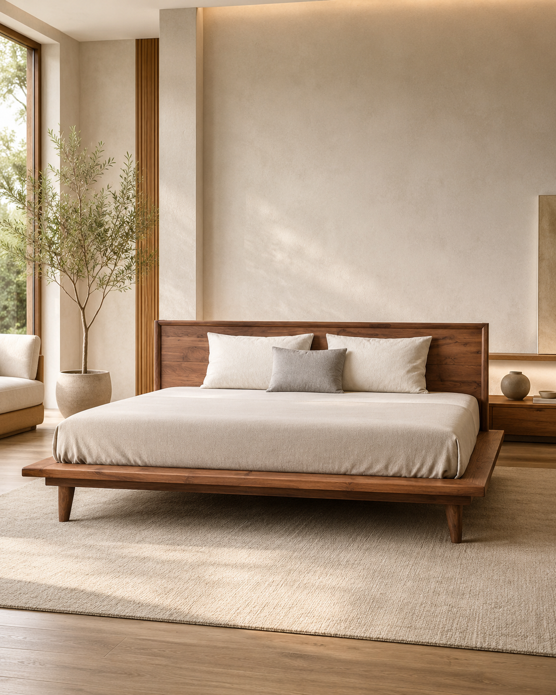 Minimal wooden double bed in a calm bedroom