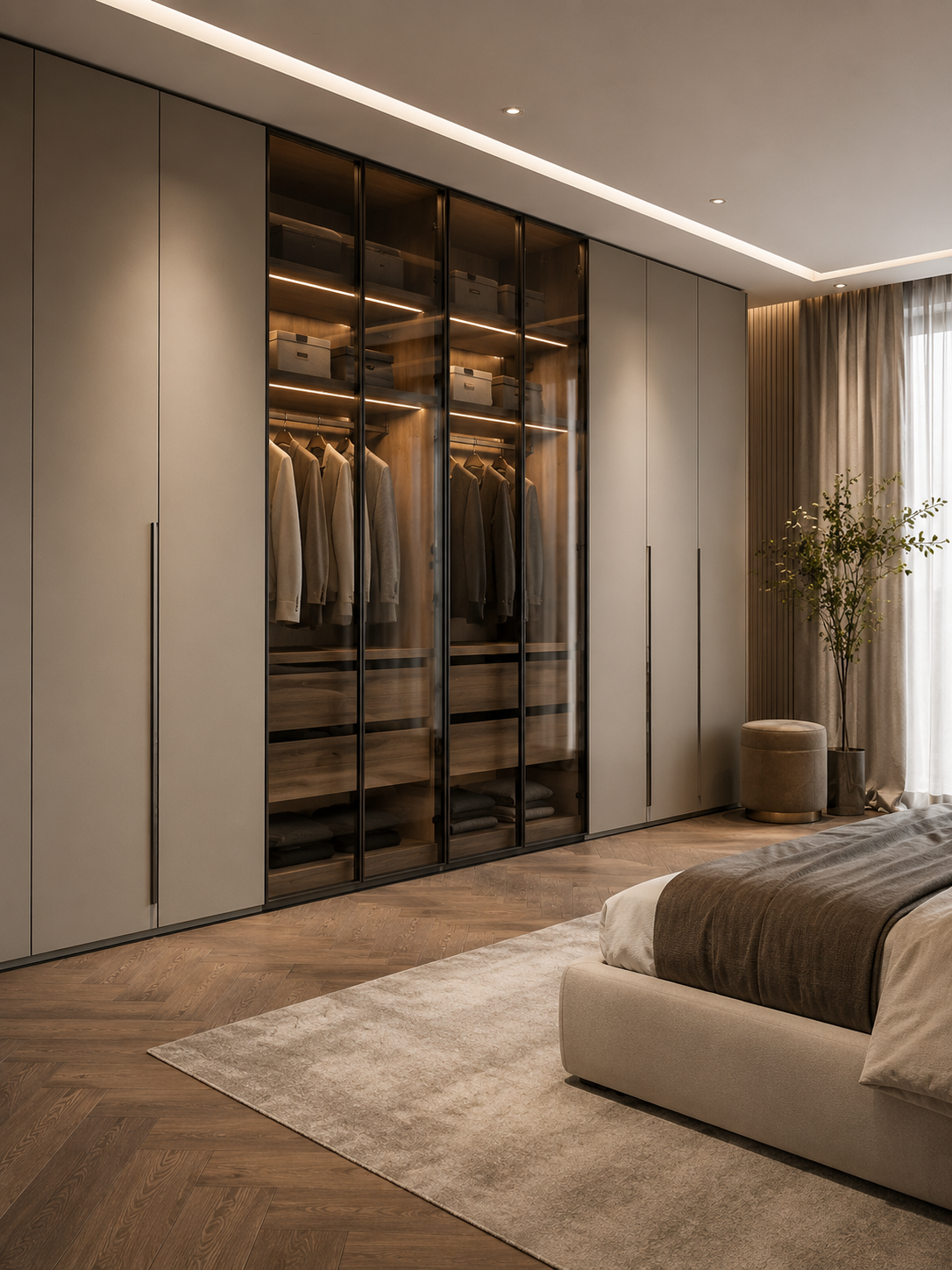 Luxury modular wardrobe with glass panels in a bedroom