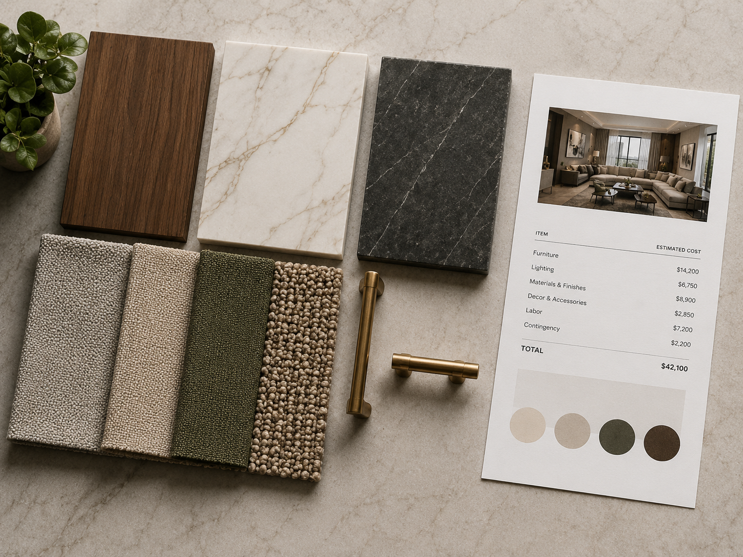 Interior design mood board with materials and estimate