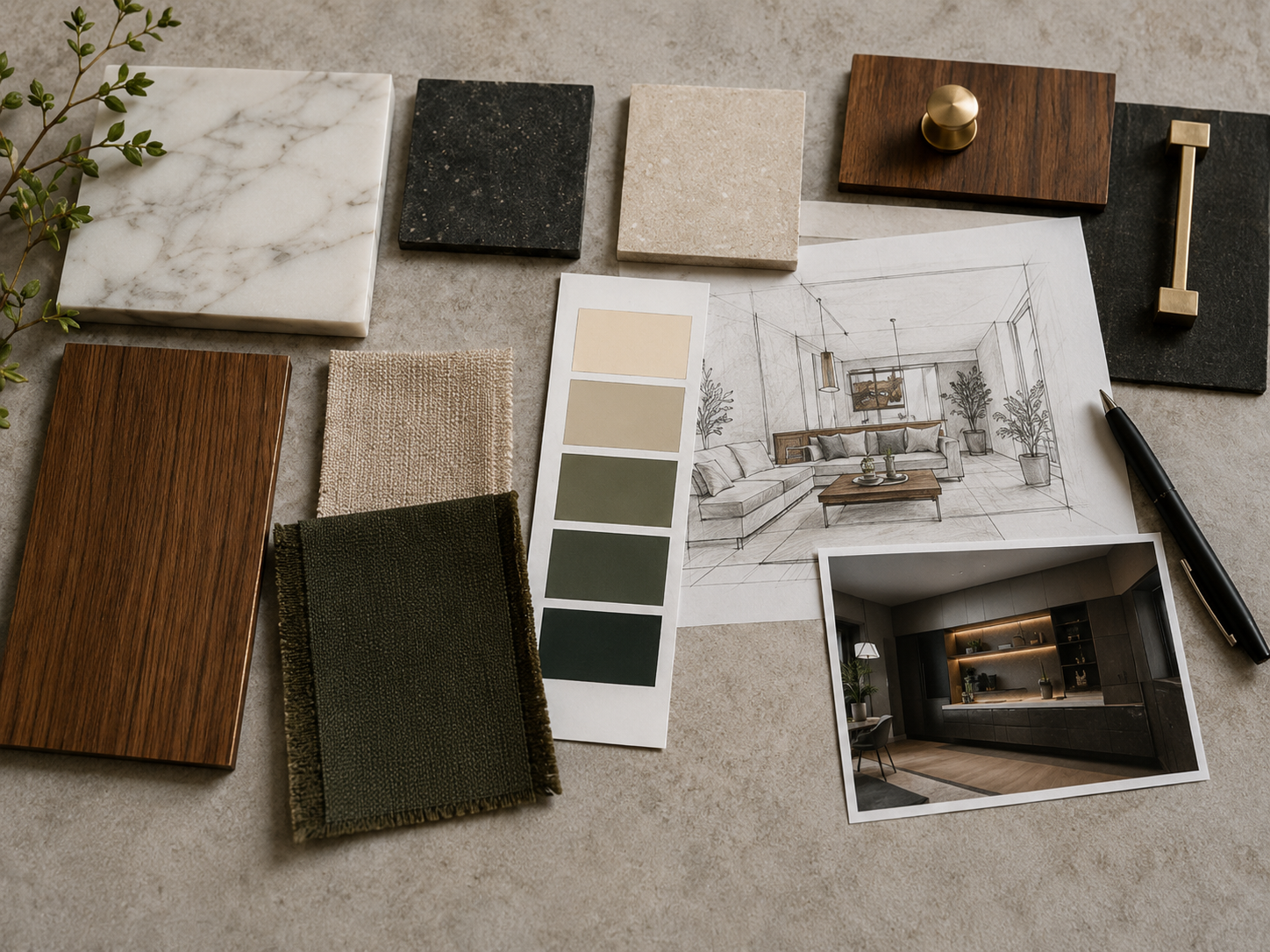 Interior design mood board with textures and swatches